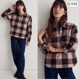 Madewell Waffle Half Zip Popover Warm Sandstone Plaid Shirt Size S